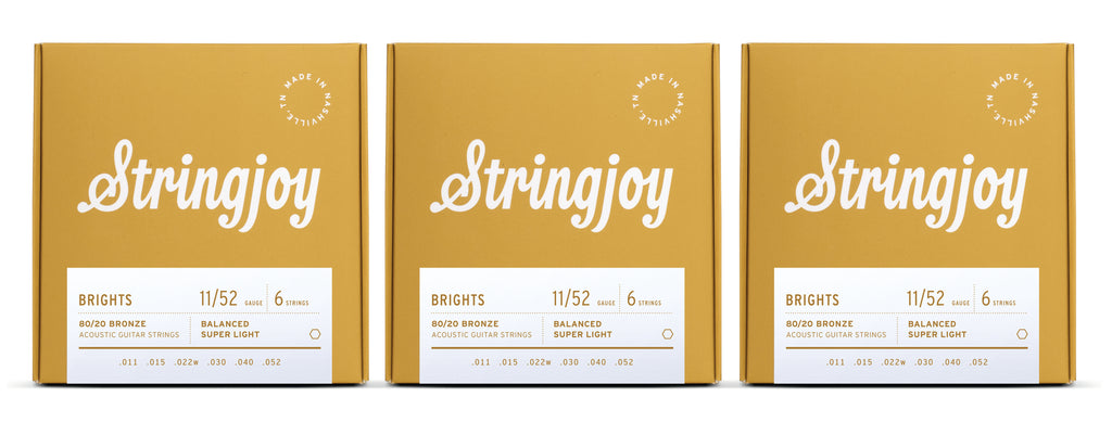 Stringjoy BB1152 Brights Acoustic Guitar String Set 80/20 Bronze 11-52 (3-Pack)