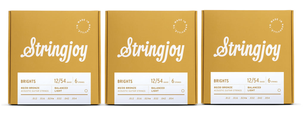 Stringjoy BB1254 Brights Acoustic Guitar String Set 80/20 Bronze 12-54 (3-Pack)