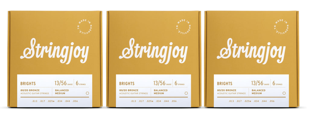 Stringjoy BB1356 Brights Acoustic Guitar String Set 80/20 Bronze 13-56 (3-Pack)