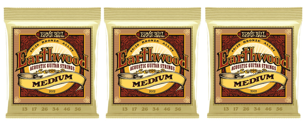 Ernie Ball 2002 Earthwood Acoustic Guitar Strings Bronze Medium 13-56 (3-Pack)