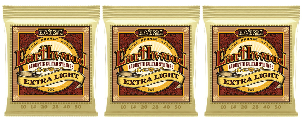 Ernie Ball 2006 Earthwood Acoustic Guitar Strings Extra Light Bronze 10-50 (3-Pack)