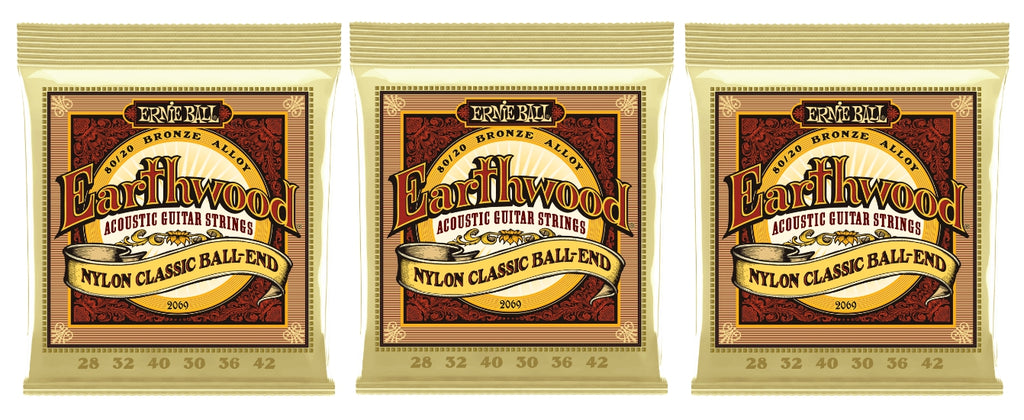Ernie Ball 2069 Earthwood Folk Nylon Ball End Classical Guitar Strings 28-42 (3-Pack)