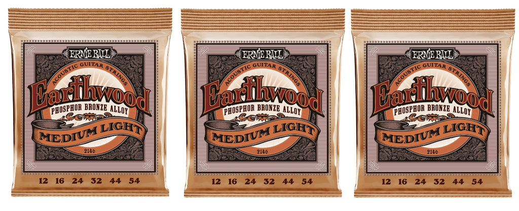 Ernie Ball 2146 Earthwood Acoustic Guitar Strings Phosphor Bronze Medium Light 12-54 (3-Pack)