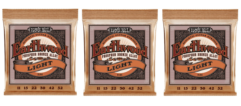 Ernie Ball 2148 Earthwood Acoustic Guitar Strings Phosphor Bronze Light 11-52 (3-Pack)