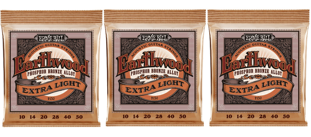 Ernie Ball 2150 Earthwood Acoustic Guitar Strings Phosphor Bronze Extra Light 10-50 (3-Pack)