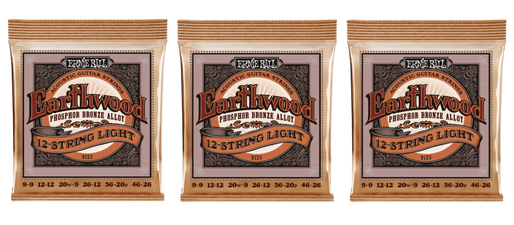 Ernie Ball 2153 Earthwood 12-String Acoustic Guitar Strings Phosphor Bronze Light 9-46 (3-Pack)