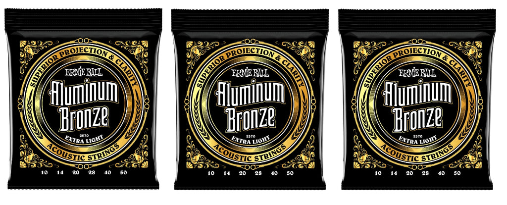 Ernie Ball 2570 Aluminum Bronze Extra Light Acoustic Guitar Strings, .010 - .050 (3-Pack)