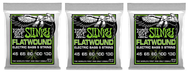 Ernie Ball Flatwound Regular Slinky 5-String Bass Guitar Strings 45-130 (3-Pack)