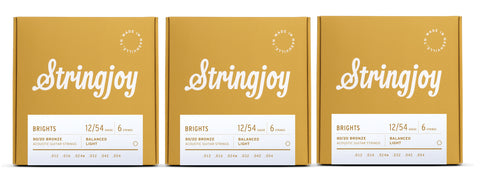 Stringjoy BB1254 Brights Acoustic Guitar String Set 80/20 Bronze 12-54 (3-Pack)
