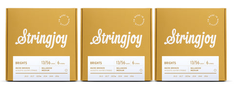 Stringjoy BB1356 Brights Acoustic Guitar String Set 80/20 Bronze 13-56 (3-Pack)