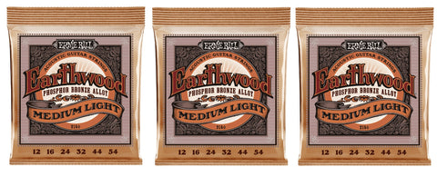 Ernie Ball 2146 Earthwood Acoustic Guitar Strings Phosphor Bronze Medium Light 12-54 (3-Pack)