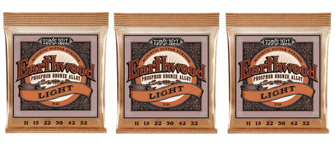 Ernie Ball 2148 Earthwood Acoustic Guitar Strings Phosphor Bronze Light 11-52 (3-Pack)