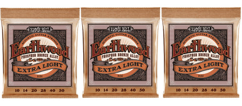 Ernie Ball 2150 Earthwood Acoustic Guitar Strings Phosphor Bronze Extra Light 10-50 (3-Pack)