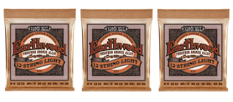 Ernie Ball 2153 Earthwood 12-String Acoustic Guitar Strings Phosphor Bronze Light 9-46 (3-Pack)