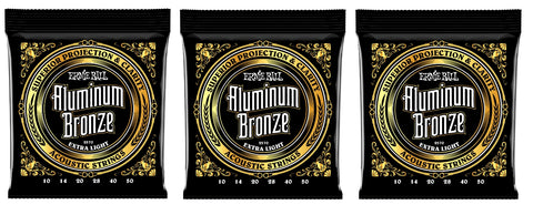 Ernie Ball 2570 Aluminum Bronze Extra Light Acoustic Guitar Strings, .010 - .050 (3-Pack)