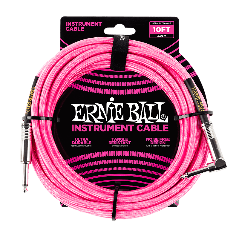 Ernie Ball 6078 10' Braided Instrument Cable Straight/ Angle Neon Pink