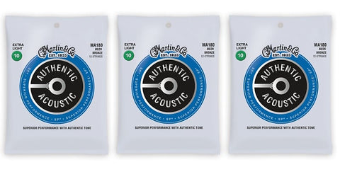 Martin MA180 Authentic Acoustic SP Strings - 12- String Set 80/20 Bronze Extra Light (3-Pack)