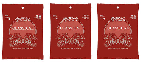 Martin M160 Classical Guitar Strings Silverplated Ball End, High Tension (28-43) (3-Pack)