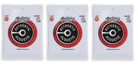 Martin MA140T Authentic Acoustic Lifespan 2.0 Strings - 80/20 Bronze Light (3-Pack)